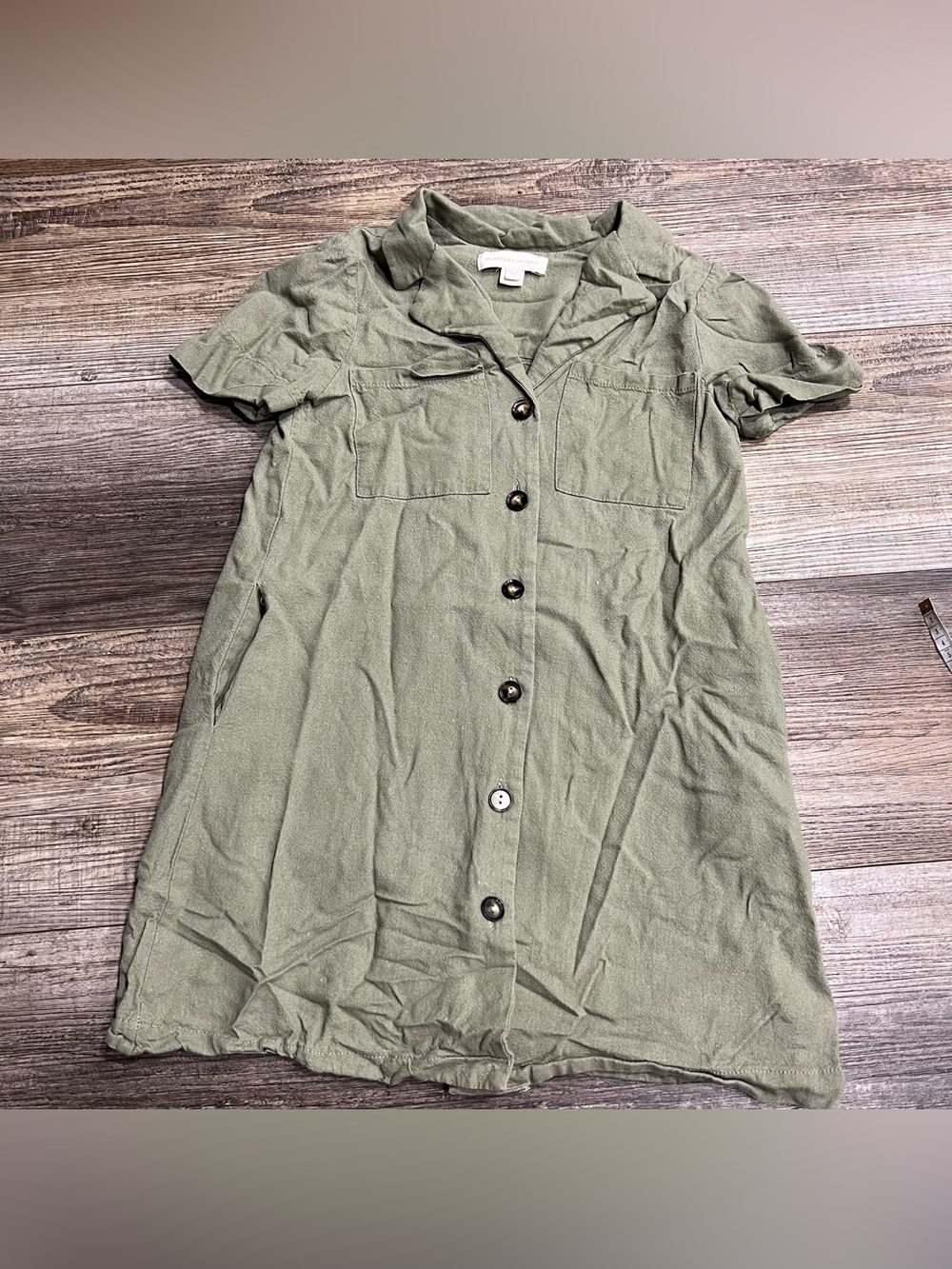 Monteau Olive Green Button-Front Utility Short Sleeve Shirt Dress Button Front
